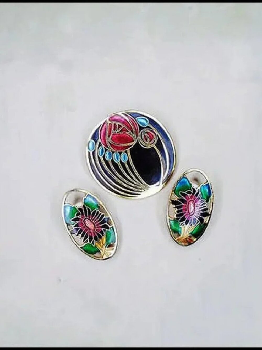 Vintage Cloisonne Brooch & Clip On Earrings Set Black Floral - Picture 9 of 9